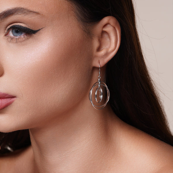 Silver 925 Rhodium Plated Open Graduated Circle Center Dolphin Dangling Hook Earrings