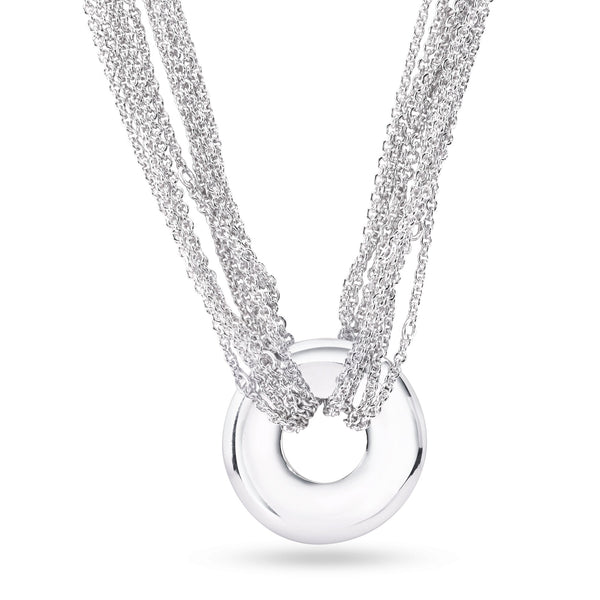 Silver 925 Rhodium Plated Open Circle Multiple Chain Necklace