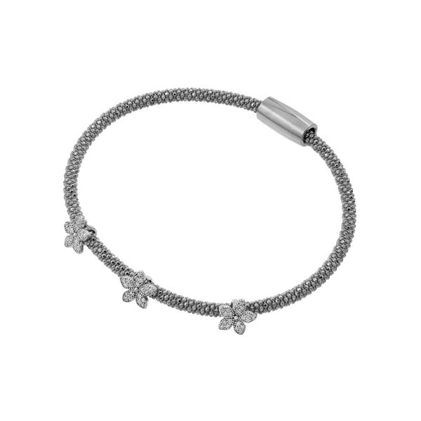 Silver 925 Rhodium Plated Three Flower Clear CZ Inlay Bracelet