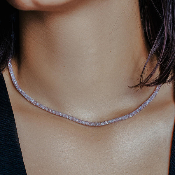 Silver 925 Rhodium Plated Thin Italian Necklace Mesh Embedded CZ