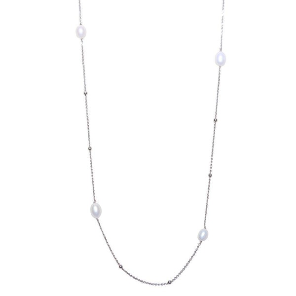 Rhodium Plated 925 Sterling Silver Necklace with Freshwater Pearls and Beads