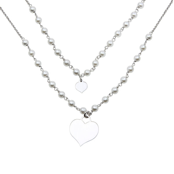 Rhodium Plated 925 Sterling Silver Double Chain Synthetic Pearl and Heart Pendant Necklace