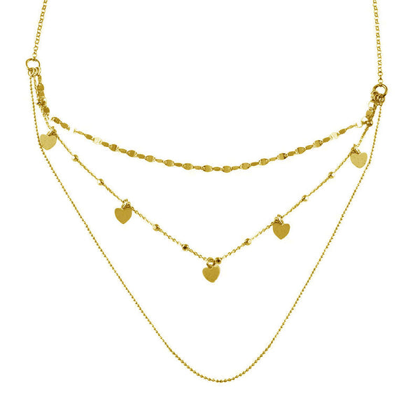 Gold Plated 925 Sterling Silver Multi Chain Dangling Hearts Necklace