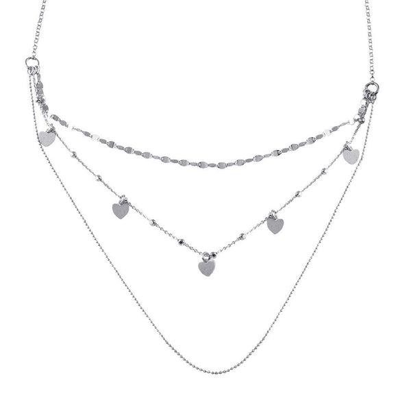 Rhodium Plated 925 Sterling Silver Multi Chain Dangling Hearts Necklace