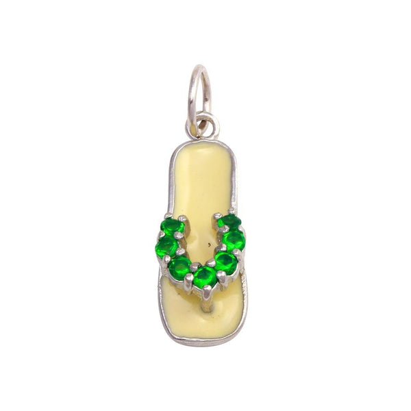 Rhodium Plated 925 Sterling Silver White Enamel Green CZ Sandal Pendant