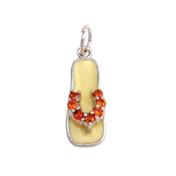 Rhodium Plated 925 Sterling Silver White Enamel Orange CZ Sandal Pendant