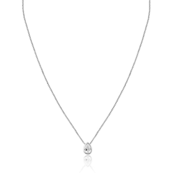 Rhodium Plated Teardrop Clear CZ Pendant Necklace