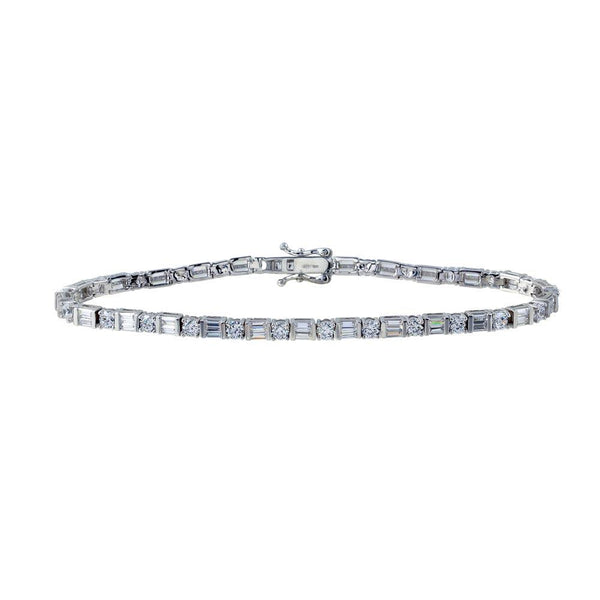 Rhodium Plated 925 Sterling Silver  3.3mm Round and Square  CZ Tennis Bracelet