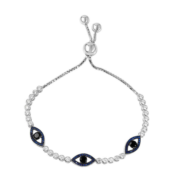 Silver 925 Rhodium Plated 3 Blue CZ Evil Eye Bubble Link Bracelet