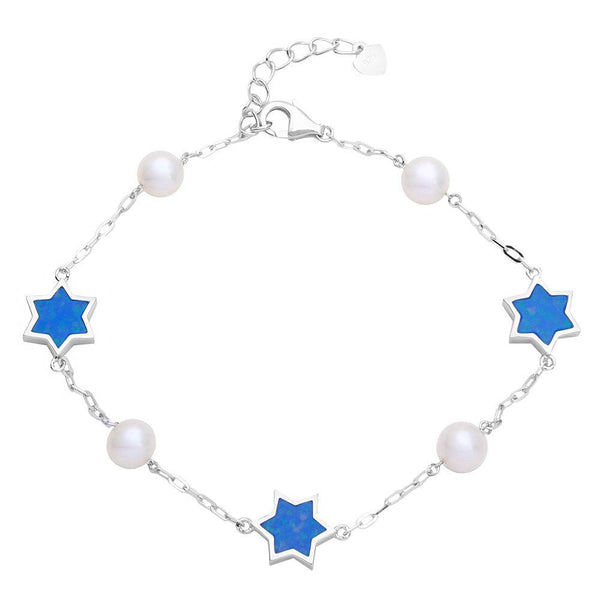 Rhodium Plated 925 Sterling Silver Fresh Water Mother of Pearl with Blue Enamel Star Bracelet