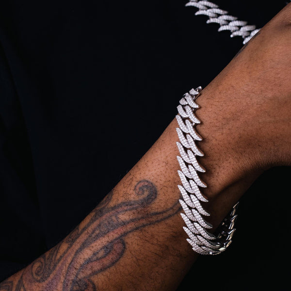 Rhodium Plated 925 Sterling Silver Hollow CZ Encrusted Spike Barbed Wire Bracelet 17.9mm