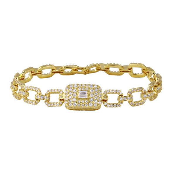 Gold Plated 925 Sterling Silver Square Link CZ and Baguette Bracelet
