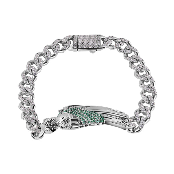 Rhodium Plated 925 Sterling Silver Rectangle St Jude Clear CZ Studded Cuban 8.8mm Bracelet
