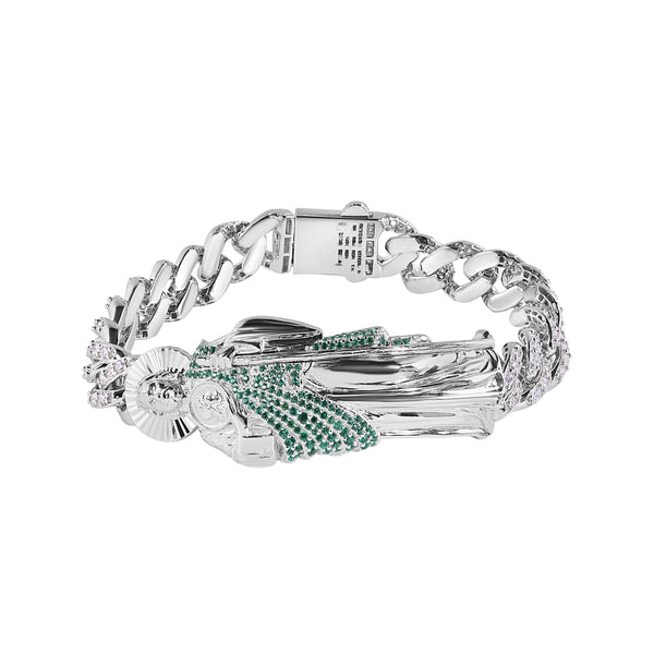 Rhodium Plated 925 Sterling Silver St Jude Clear CZ Studded Cuban 10.4mm Bracelet