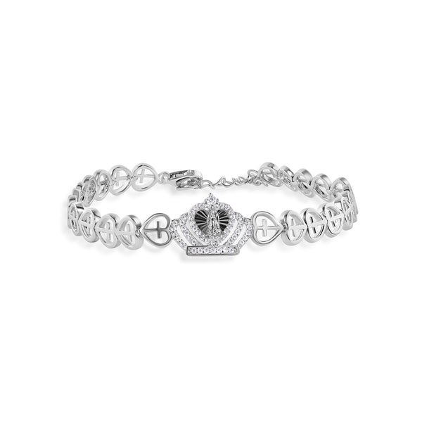 Rhodium Plated 925 Sterling Silver 6.3mm Crown Our Lady of Guadalupe Diamond Cut Heart Cross Chain  Adjustable Bracelet