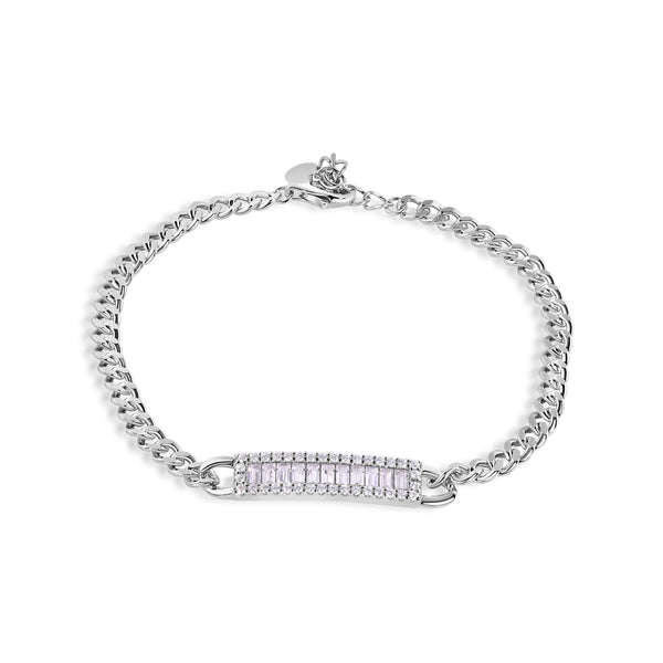 Rhodium Plated 925 Sterling Silver 3.5mm Curb Baguette Clear CZ Adjustable Bracelet