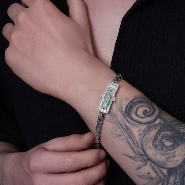 Rhodium Plated 925 Sterling Silver Rectangle St Jude Cuban 6.5mm Clear CZ Bracelet
