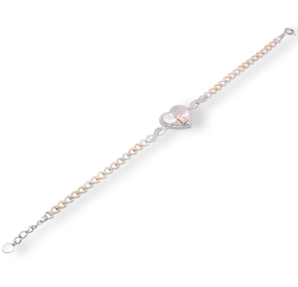 Three Tone Plated 925 Sterling Silver Diamond Cut Heart Guadalupe 16.8mm x 15.1 Clear CZ Adjustable Bracelet