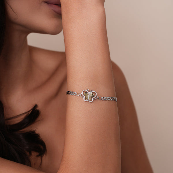 Two Tone Plated 925 Sterling Silver Diamond Cut 17mm x 14mm Butterfly Clear CZ Adjustable Bracelet