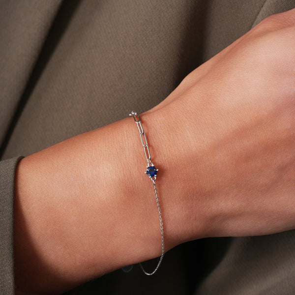 Rhodium Plated 925 Sterling Silver Half Paperclip and Half Rolo Round Sapphire Blue CZ Adjustable Bracelet