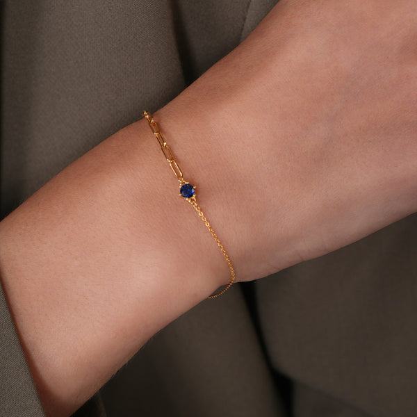 Gold Plated 925 Sterling Silver Half Paperclip and Half Rolo Round Sapphire Blue CZ Adjustable Bracelet
