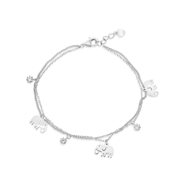 Rhodium Plated 925 Sterling Silver Elephant and Clear CZ Charms Adjustable Bracelet
