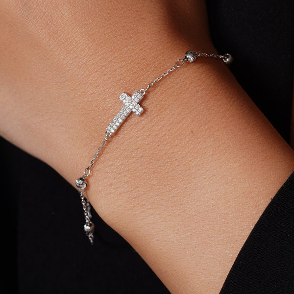 Rhodium Plated 925 Sterling Silver 7.6mm x 13.2mm Cross Diamond Cut Round Charm Clear CZ Box Adjustable Bracelet