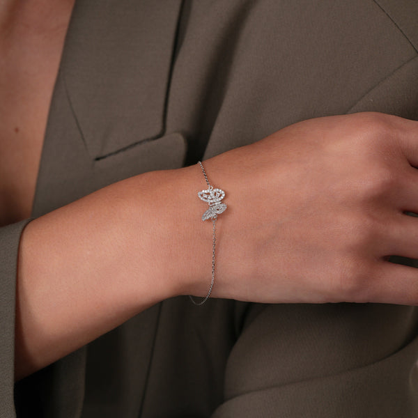 Rhodium Plated 925 Sterling Silver Butterfly Baguette Clear CZ Adjustable Bracelet