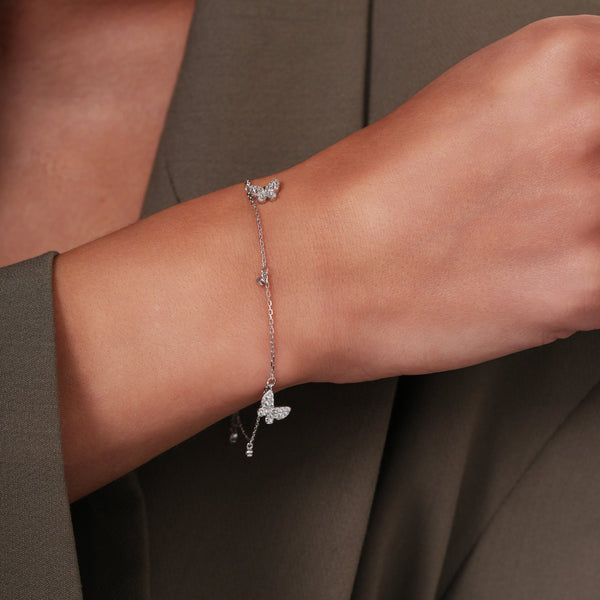 Rhodium Plated 925 Sterling Silver Butterfly and Round Charms Clear CZ Adjustable Bracelet