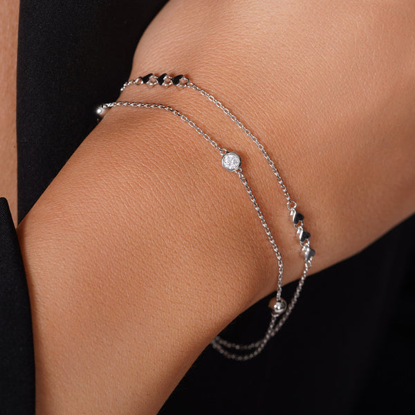Rhodium Plated 925 Sterling Silver Two Strand Heart Ball Charm Clear CZ Cross Diamond Cut Round Charm Clear CZ Adjustable Bracelet