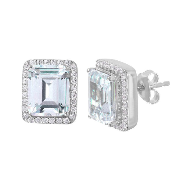 Silver 925 Rhodium Plated Round Square CZ Stud Earrings