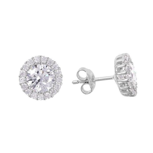 Silver 925 Rhodium Plated Round CZ Halo Stud Earrings