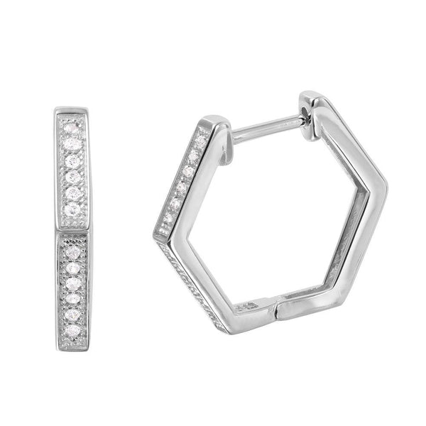 Silver 925 Rhodium Plated Thin Octagon CZ Hoop Earrings