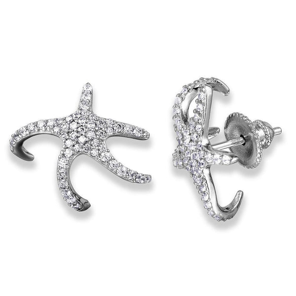 Silver 925 Rhodium Plated Hugging CZ Starfish Earrings