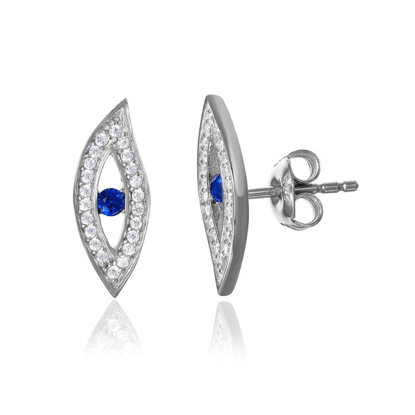 Silver 925 Rhodium Plated Evil Eye CZ Earring with Blue Center Stone