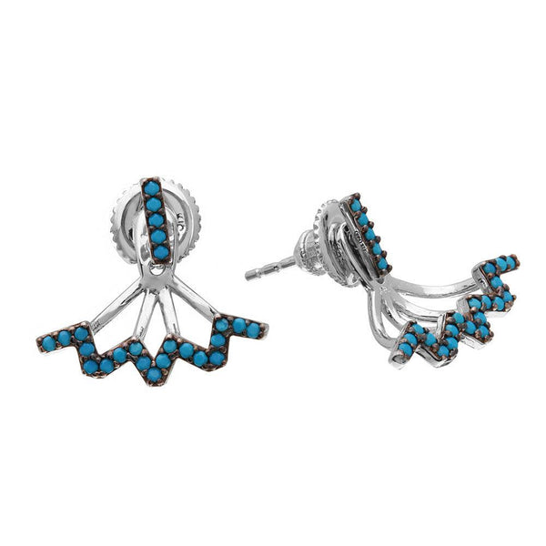 Rhodium Plated 925 Sterling Silver Turquoise Bar Earrings With Hanging Zigzag Backing