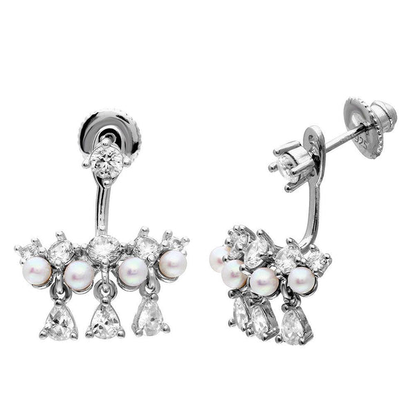 Silver 925 Rhodium Plated Chandelier CZ and Fresh Water Pearl Dangling Earrings