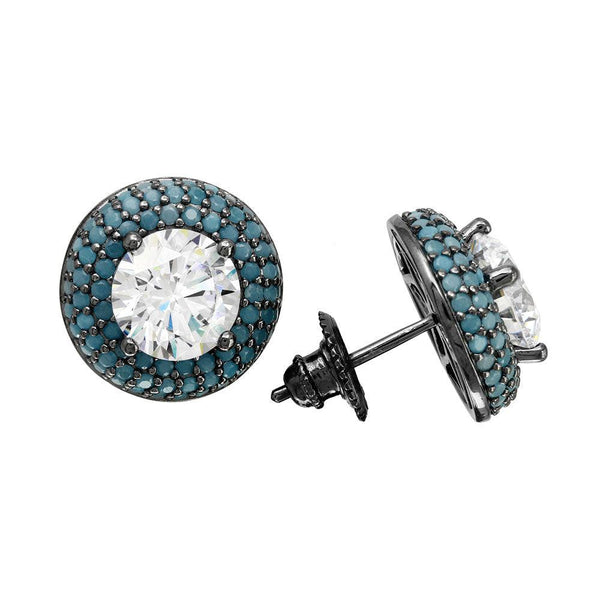 Black Rhodium Plated 925 Sterling Silver  Blue CZ Halo Stud Earrings