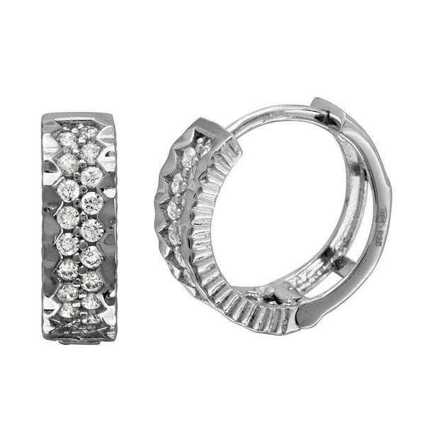 Rhodium Plated 925 Sterling Silver 2 Row CZ Bordered huggie hoop Earrings