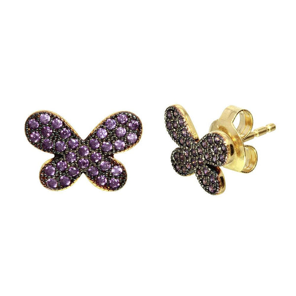Gold Plated 925 Sterling Silver Butterfly Studs Earrings with Purple CZ Stones