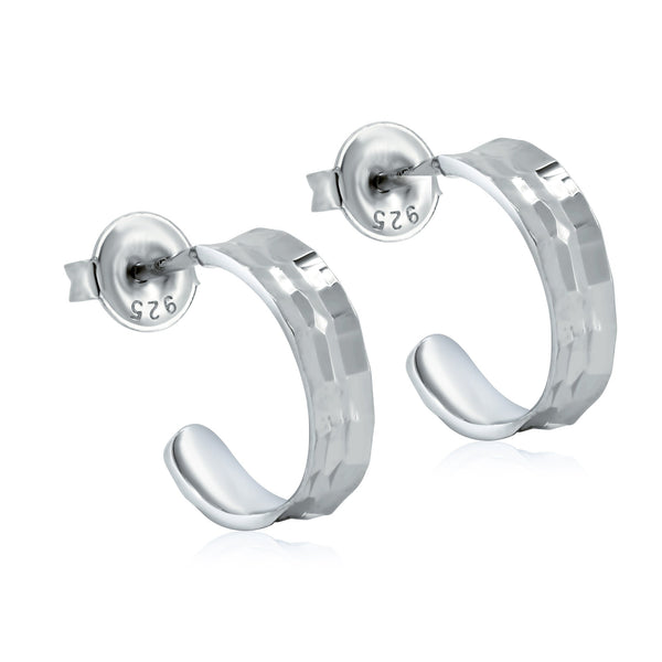 Rhodium Plated 925 Sterling Silver Diamond Cut 13.5 Semi Hoop Stud Earrings