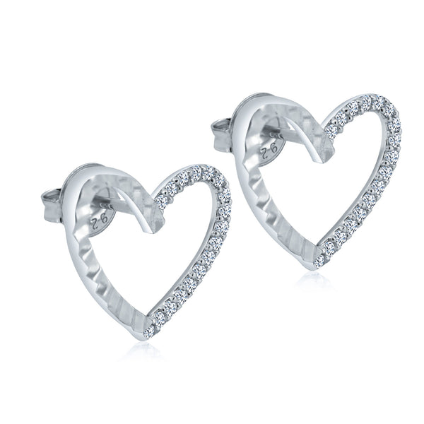 Rhodium Plated 925 Sterling Silver Diamond Cut Clear CZ Heart Stud Earrings