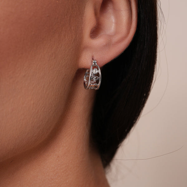 Sterling Silver Rhodium Plated Goodluck Charm Hoop Latch Lock Earring