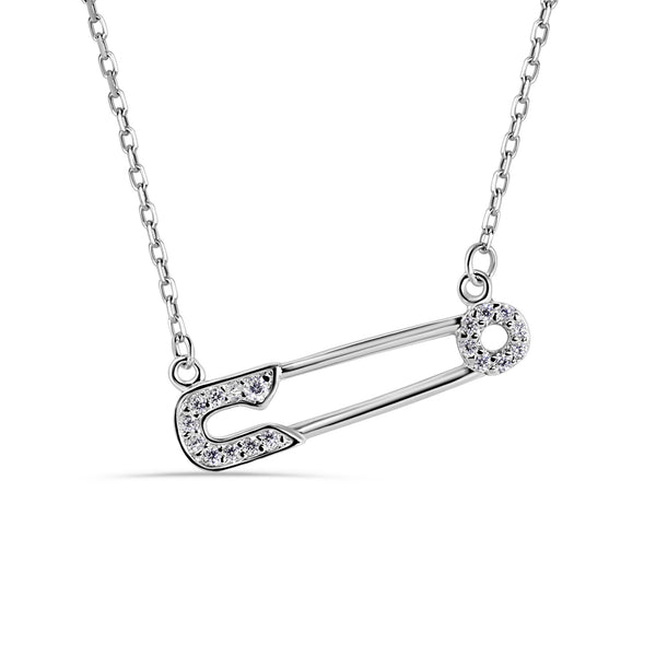Silver 925 Rhodium Plated CZ Safety Pin Necklace