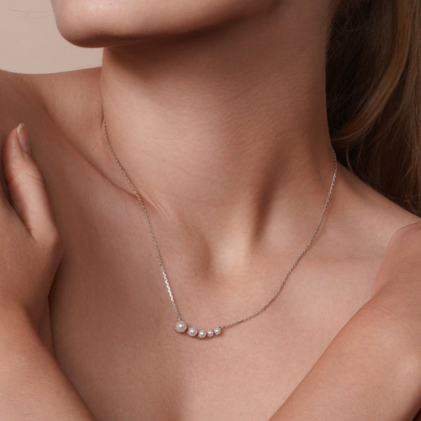 Silver 925 Rhodium Plated Graduated Fresh Water Pearl Necklace