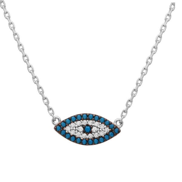 Silver 925 Rhodium Plated Turquoise and CZ Evil Eye Necklace