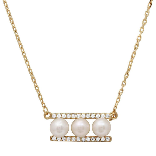 Gold Plated 925 Sterling Silver 3 Fresh Water Pearl On 2 CZ Bar Necklace