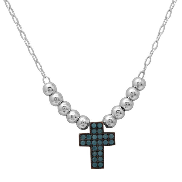 Rhodium Plated 925 Sterling Silver Beaded Necklace with Turquoise Stone Cross