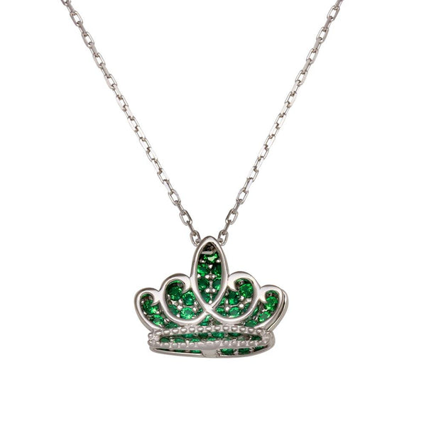 Rhodium Plated 925 Sterling Silver Green CZ Crown Necklace