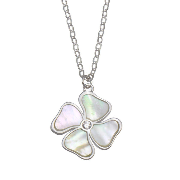 Rhodium Plated 925 Sterling Silver Mother of Pearl and CZ Clover Necklace